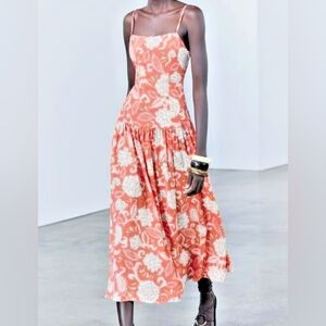 Zara printed strappy midi dress waist drop spaghetti straps coral ecru BNWT